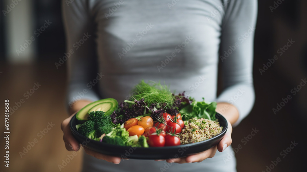 woman after workout with a plate of healthy salad. healthy life concept.Generative AI