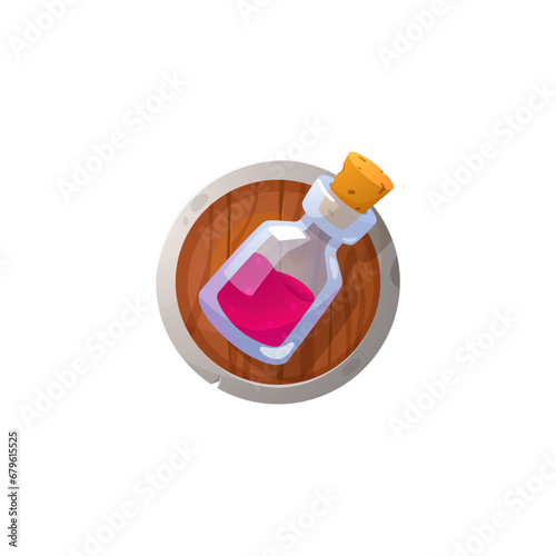 Bottle with potion on wooden plate, game icon, cartoon vector on white