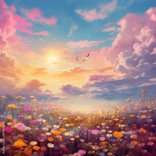 colourful dreamy like heaven sky with flowers  AIGENERATED 