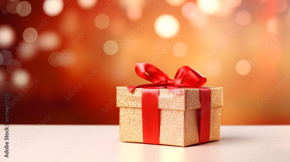 Glittering Gold Gift Box with Red Ribbon on Festive Bokeh Background
