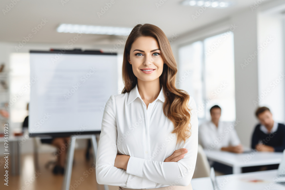 female executive with presentation behind