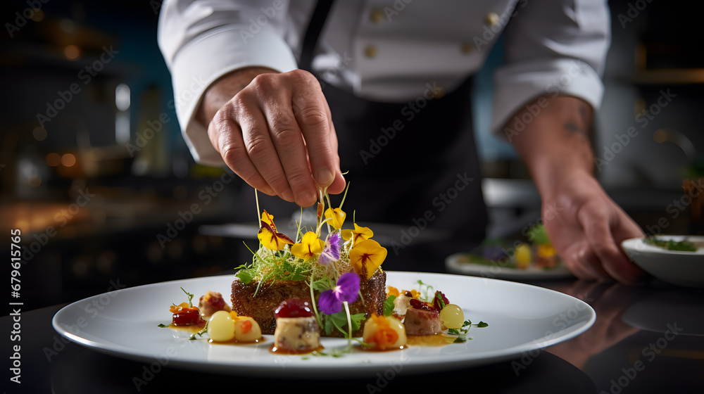 Master Chef Artfully Garnishing Gourmet Dish with Edible Flowers in Fine Dining Restaurant