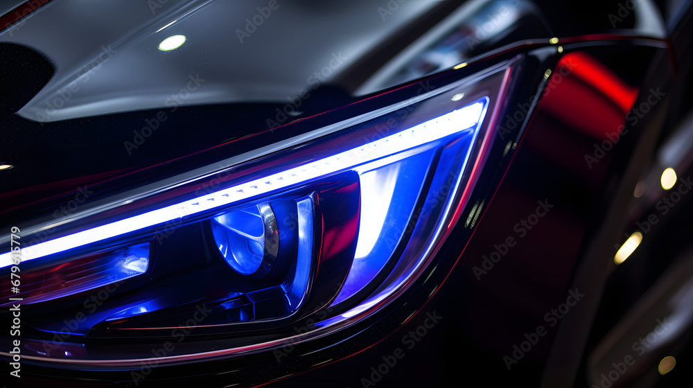 Modern Car Headlight Design with LED and Xenon Lamps Closeup