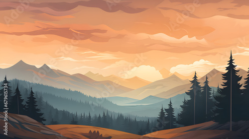 Serene Mountain Landscape Illustration with Sunset and Pine Forest © HappyKris