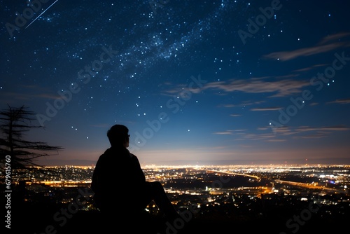 Panorama auf eine beleuchtete Stadt unter Sternenhimmel / Stadt bei Nacht Skyline Poster / Ai-Ki generiert photo
