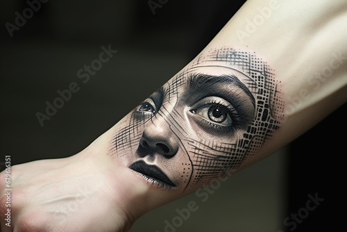 Intricate Tattoo Details: A realistic portrayal zooming in on small tattoos on a woman's arm, highlighting finesse, intricate patterns, and personal significance in each diminutive design