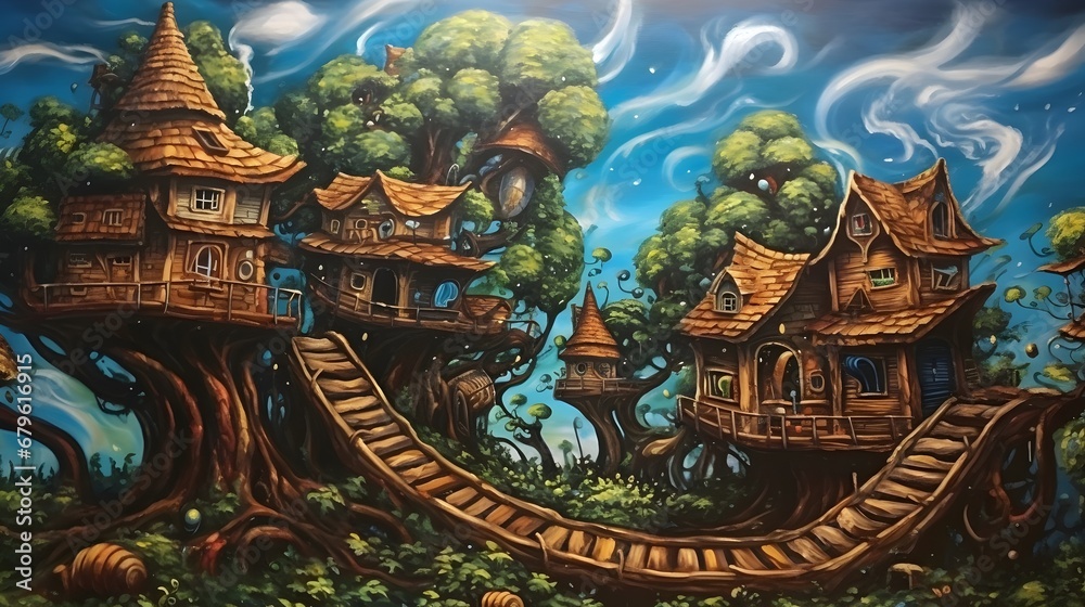 Enchanted Treehouse Village in a Mystical Forest
