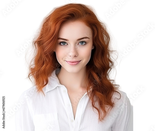 Portrait of a businesswoman in a white shirt office employee, a red-haired woman looking at the camera. The concept of cosmetology and cosmetic products for facial skin care. Transparent isolated back