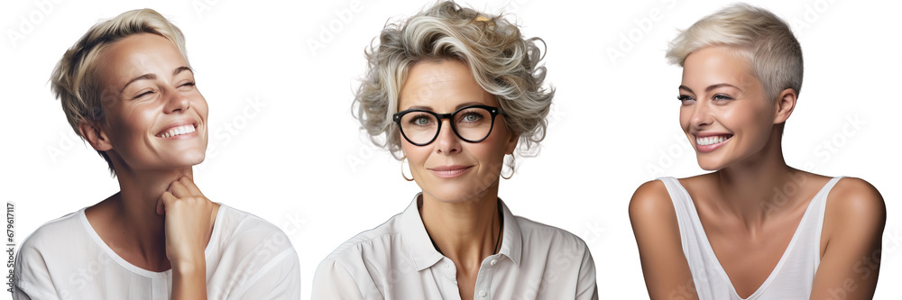 Portrait of three different women of different ages, white shirt with glasses. Business people smile, beautiful women. Transparent isolated background. Portrait of three different women of different ages, white shirt with glasses. Business people smile, beautiful women. Transparent isolated background.