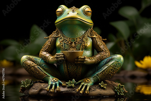 Meditierender Frosch auf einem Seerosenblatt. Yoga, Zen, Meditation, Tiere machen Yoga. © paganin