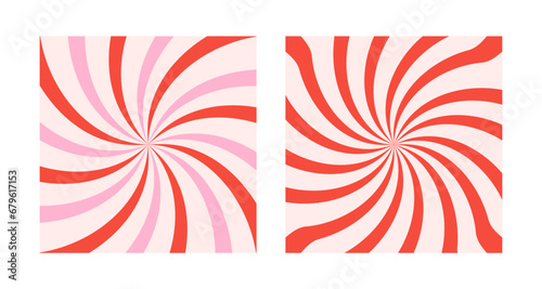 Retro backgrounds with a color sunburst or starburst. Patterns with vintage color palette, swirl stripes. Vector groovy illustration of 60s.