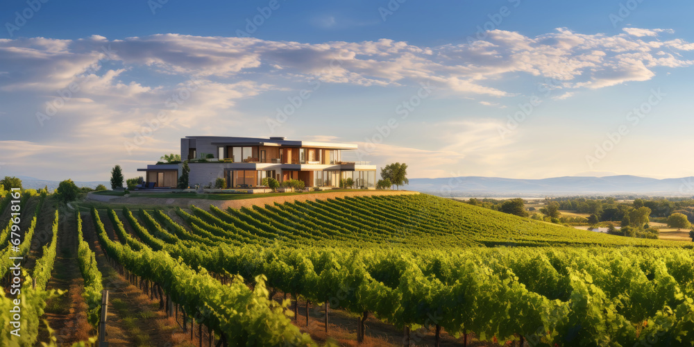 Vineyard landscape with a winery building on a hill under stunning sky. Rows of grapes. Generative AI