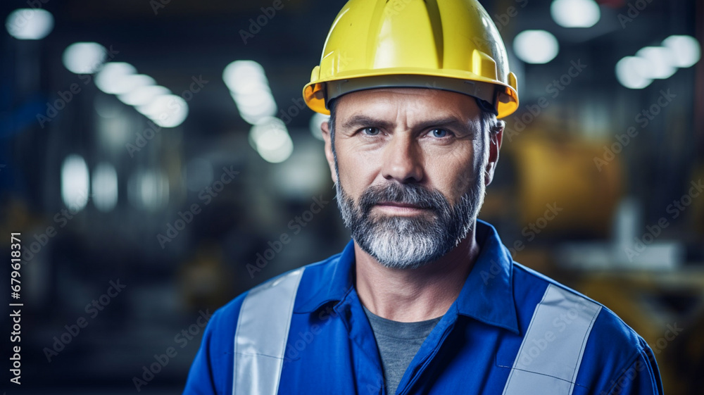 Portrait of a confident adult mature factory worker wearing hard hat and work clothes standing besides the production line.

