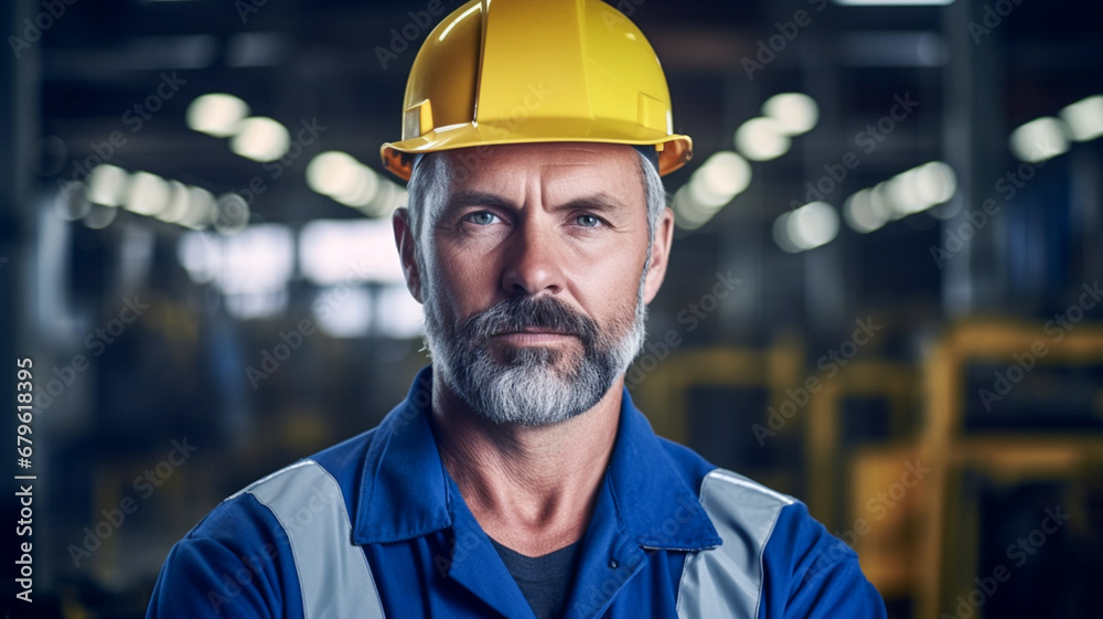 Portrait of middle aged white male engineer wearing safety hard hat looking at camera. 