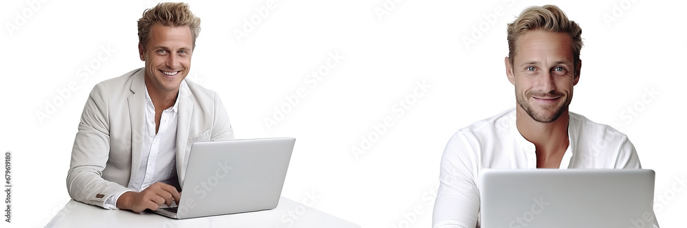 Men people use a laptop workplace in the office, Entrepreneurs young guys online work at the computer. Transparent background. Men people use a laptop workplace in the office, Entrepreneurs young guys online work at the computer. Transparent background.