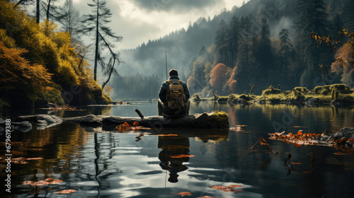 a man fishing on the river in the wilderness