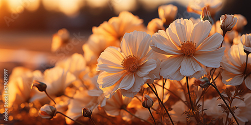 Wunderschöne weiße Blumen mit Sonnenaufgang auf der Wiese im Querformat für Banner, ai generativ © www.freund-foto.de