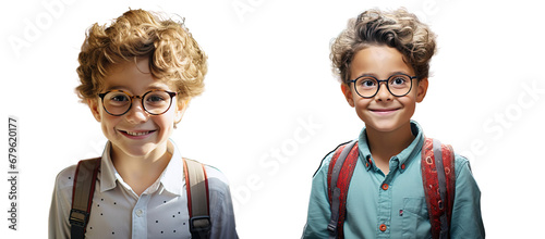 Schoolchildren of a boy with glasses smart kids are going to study. Two students with briefcases. Transparent background.