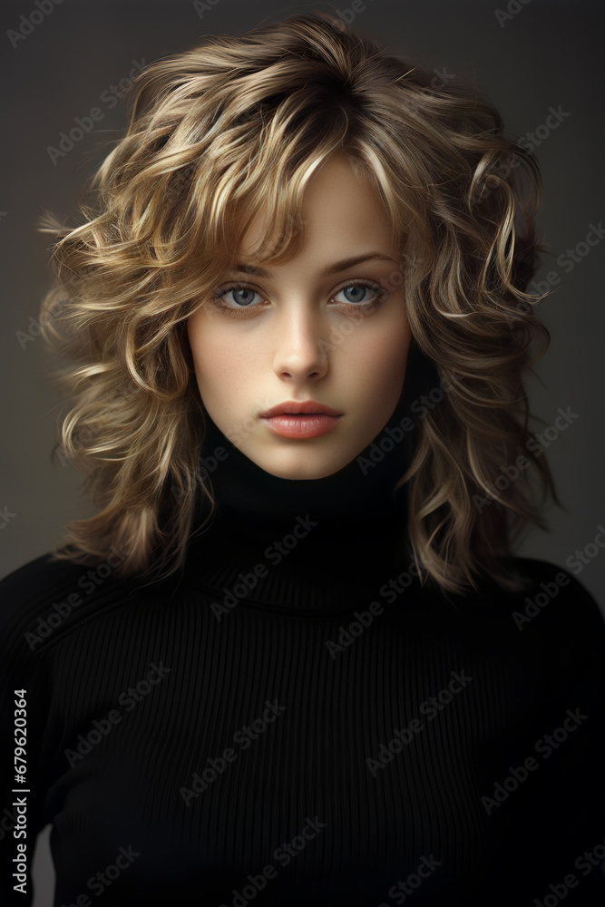 Portrait of a beautiful young woman with blond curly hair