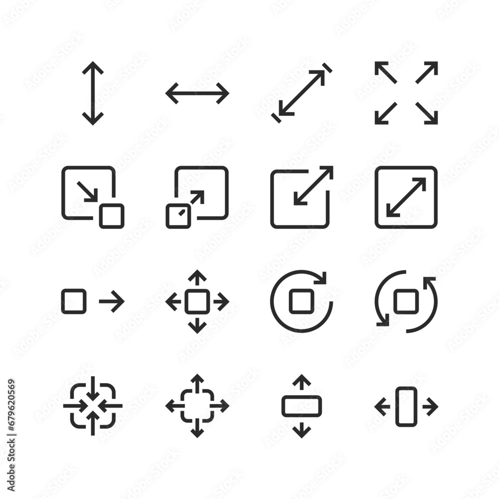Size icons set. Measurement and resizing. Height, width, depth. Displays the dimensions of objects. Defining and adjusting the size. Black and white style