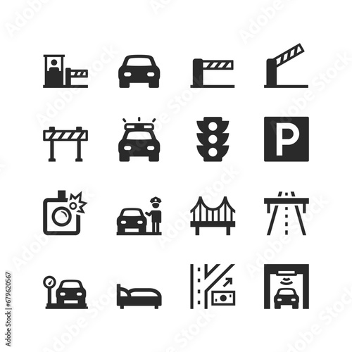 Road icons set. High-speed toll road. Freeway. Checkpoint. Infrastructure and service. Road with a dividing strip and interchanges. Payment terminal, barrier. Black and white style