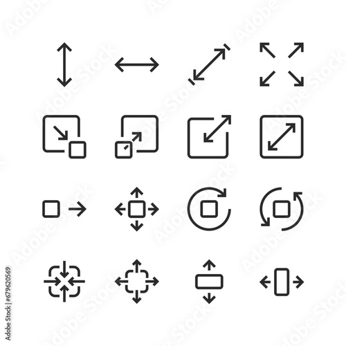 Size icons set. Measurement and resizing. Height, width, depth. Displays the dimensions of objects. Defining and adjusting the size. Black and white style
