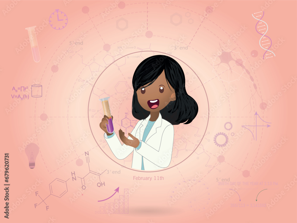 Illustration of the International Day of Women and Girls in Science. Set of scientific icons. Illustration of girl with test tube in hand and chemical formula in the other. Illustration of the International Day of Women and Girls in Science. Set of scientific icons. Illustration of girl with test tube in hand and chemical formula in the other.