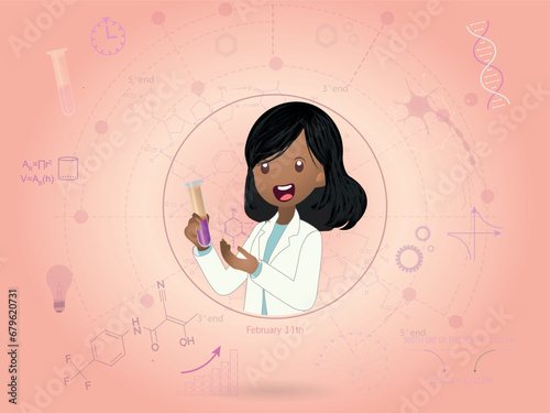 Illustration of the International Day of Women and Girls in Science. Set of scientific icons. Illustration of girl with test tube in hand and chemical formula in the other.