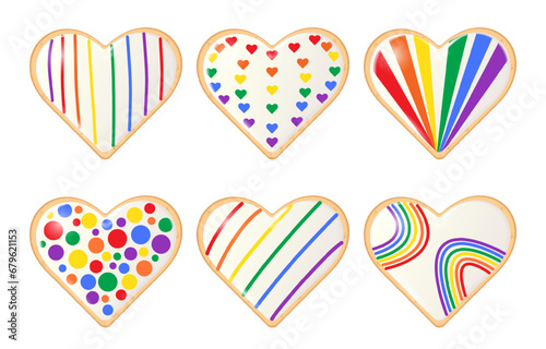 Set of heart-shaped cookies covered with confectionery glaze in rainbow colors. Sweet dessert for Valentine's Day, LGBTQ communities, pride symbols