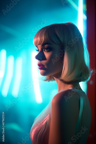 Blond bob hairstyle - Pretty woman - Neon bokeh city lights - 60s sci-fi suspense thriller - Noir vibe