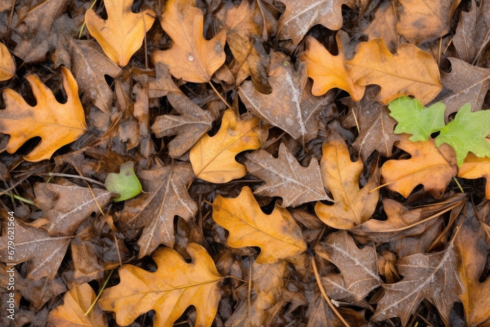 crisp, curled oak leaves in a field