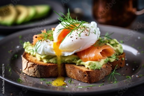 toast with poached egg, salmon and avocado. grey plate. breakfast. room service. menu