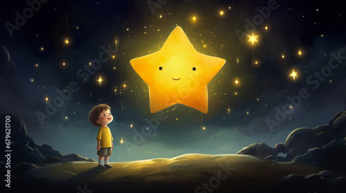 Digital illustration, for children's book, a cute small, glowing fluffy yellow star