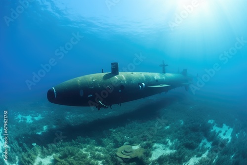 submarine partially submerged in clear blue sea
