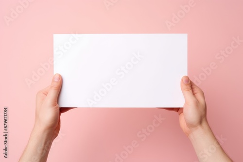 Empty blank business card mockup in woman hands on pink background