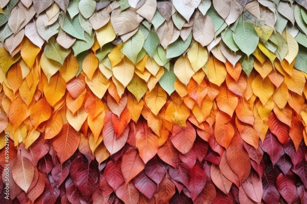 arranged layers of differently colored autumn leaves