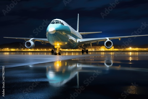 a cargo plane at night, illuminated by airport lights