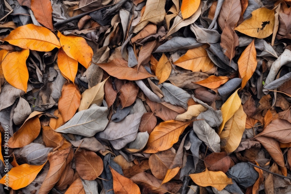 close-up of dried fallen leaves on a forest floor