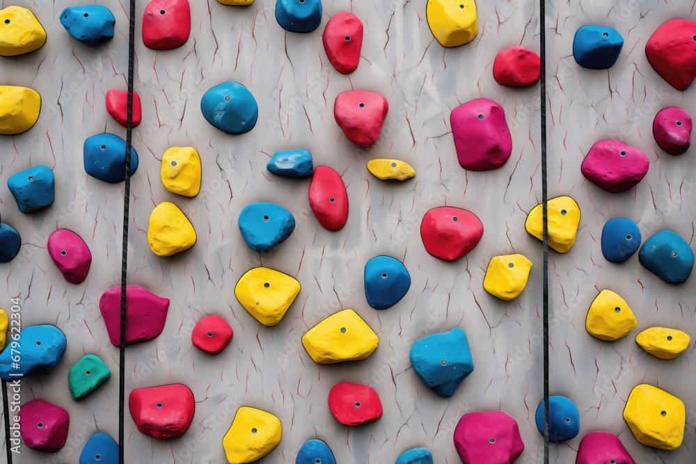 a rock climbing wall with colorful grips and safety mats
