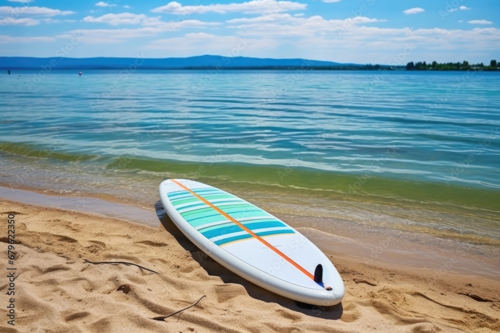 stand-up paddle board ready at the shore of beach resort