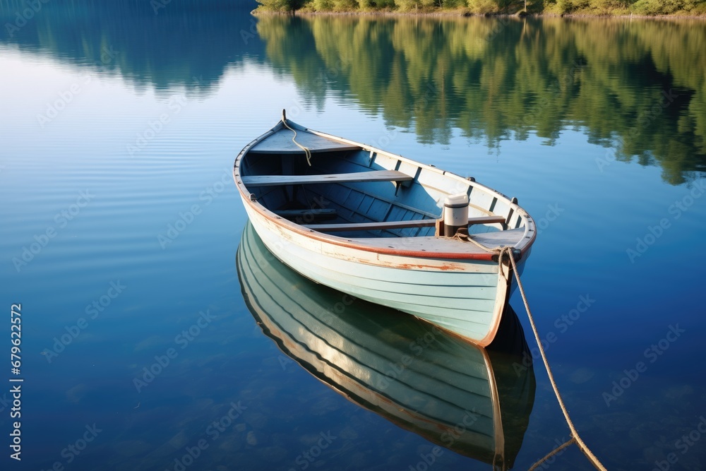 rowboat anchored on a calm, clear pond