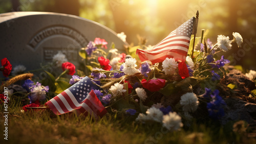 American Flag and Flowers Adorning a Veteran's Grave in Solemn Honor