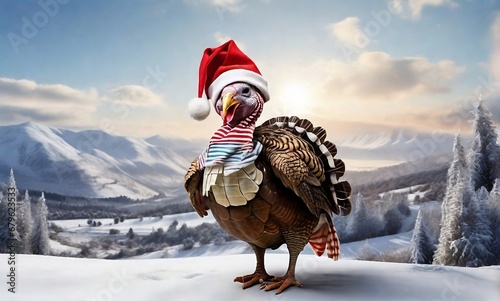 head of a rooster on a snowy festive winter. turkey wearing a santa hat against a winter landscape on thanksgiving day and christmas day created with generative ai