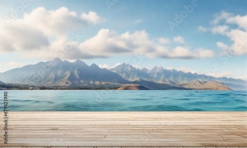 Empty wooden floor for product display montages with sea and mountain background for ecommerce products display created with generative ai © Chaudhry