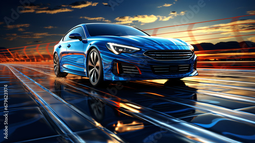 a blue sports car stands polished in a colorful futuristic street environment