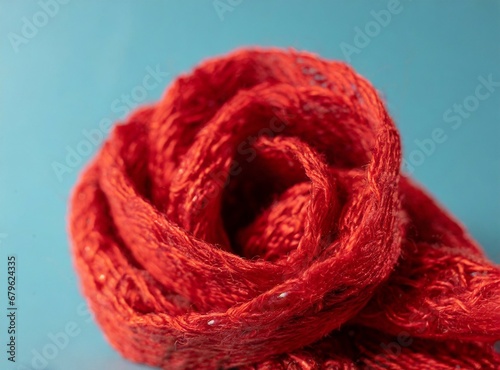 Red scarf isolated on blue background, autumn season concept