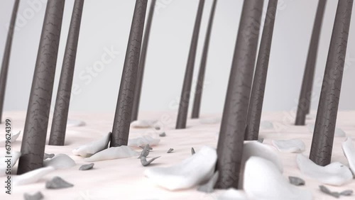 3D-rendered animation shows white dead-skin flakes, dirt particles, and sebum build-up around the hair follicles on the scalp. Dandruff, seborrheic dermatitis, scalp psoriasis, or fungus skin disease  photo