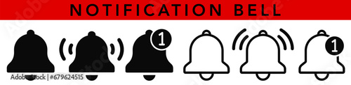 Set of notification bell icon for incoming inbox message. Alarm symbol. Ringing bells. Alarm clock and smartphone application alert. Social media element. 