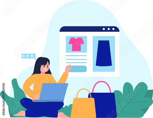 illustration of a woman wanting to buy a clothing product that has a good rating in the online shop application on her laptop