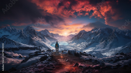 Mountain landscape with a hiker on a trail with red sunset sky.